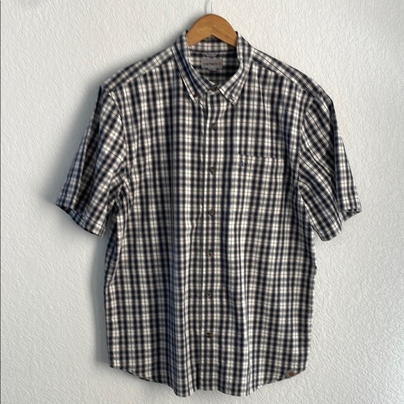 Carhartt Relaxed Fit Short Sleeve Blue Plaid Cotton Button Down Shirt Mens XL - Picture 1 of 6